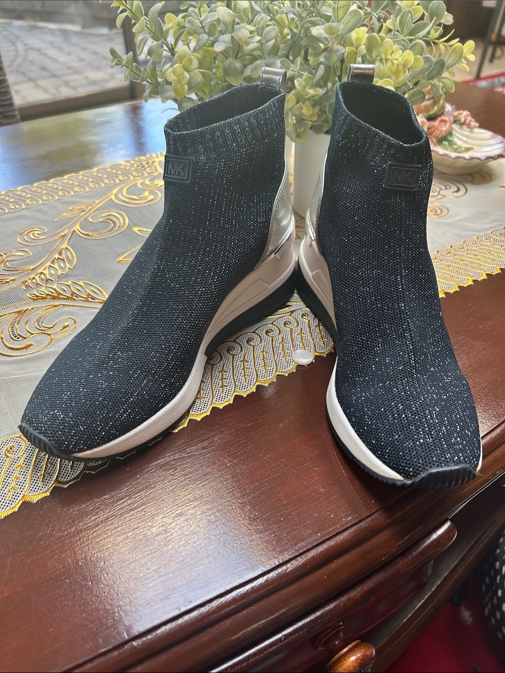 Michael Kors Black Knit Sock Sneakers with White Sole